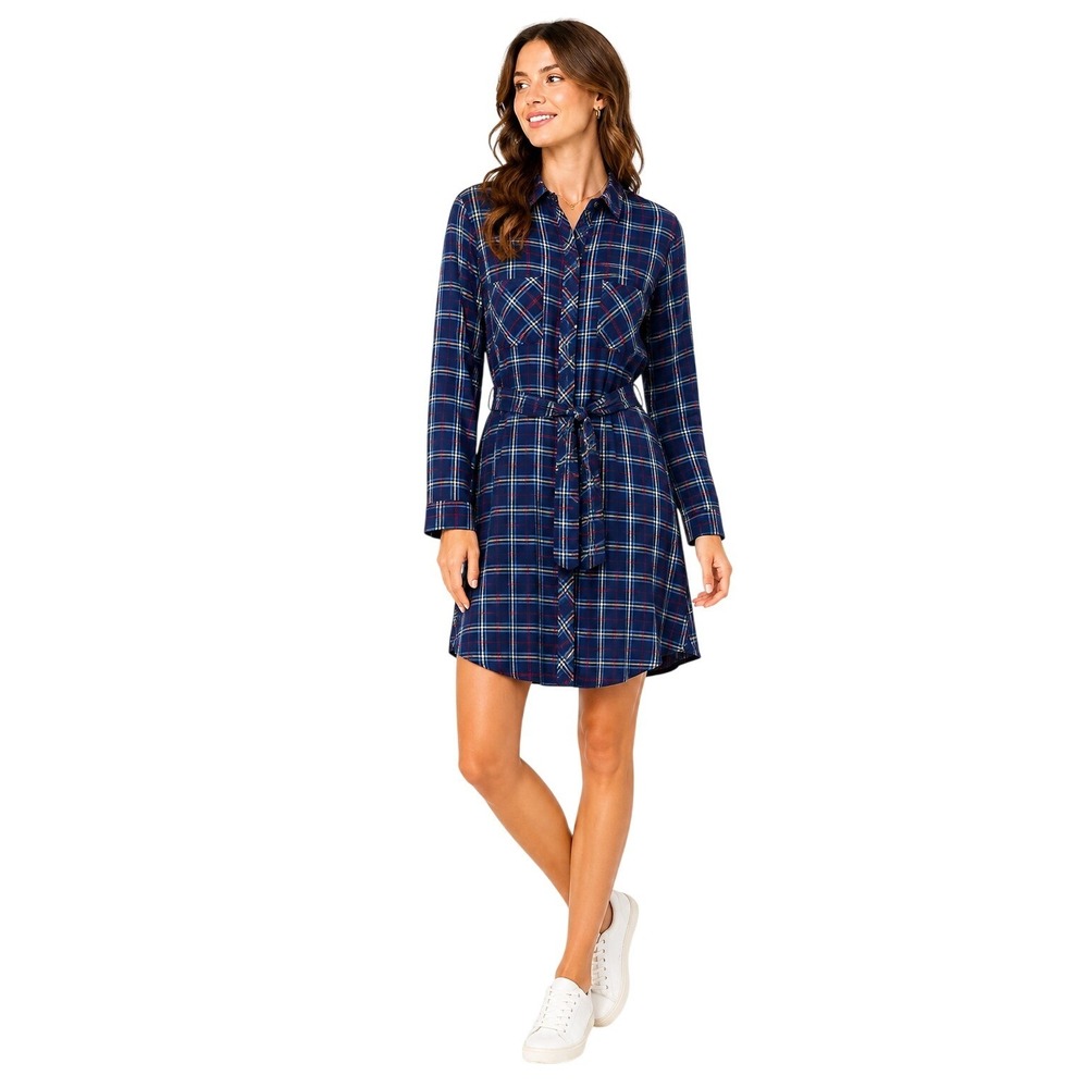 *NWT* Beachlunchlounge Simone Shirt Dress Womens Medium Blue Plaid Long Sleeve